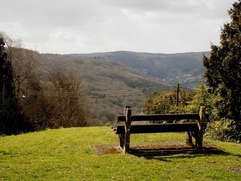 Empty bench on grassy field