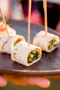 Close-up of food served on table