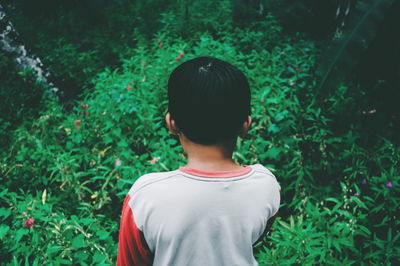 Rear view of boy standing against plants