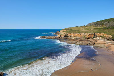 Scenic view of sea against clear blue sky