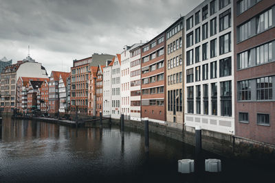 Canal by buildings against sky