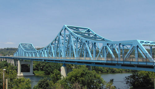 Blue metallic bridge over river against sky