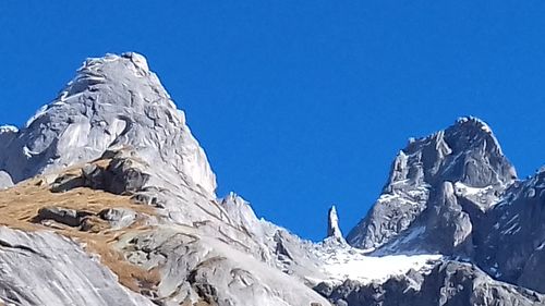 Scenic view of snowcapped mountains against clear blue sky