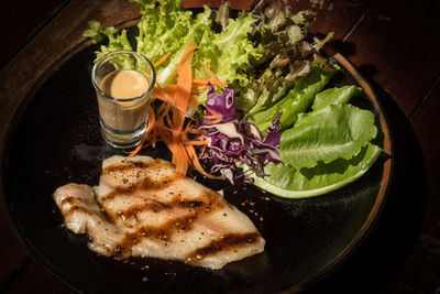 High angle view of food in plate on table