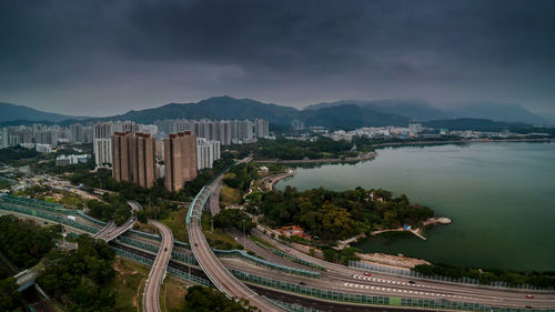 High angle view of cityscape against sky