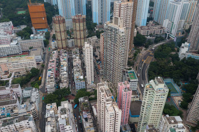 High angle view of modern buildings in city