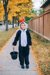 Trick or treat. happy child boy with red pumpkin on head. kid going to trick or treat on halloween 