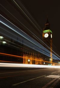 Light trails on road at night