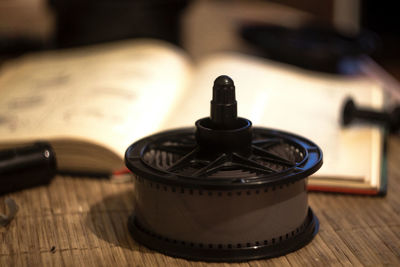Close-up of film reel on table
