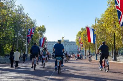 Tourists on the mall facing buckingham palace with dutch and union jack flags