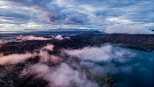 Aerial view of lake and mountains against sky