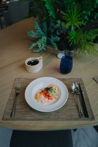 High angle view of meal served on table