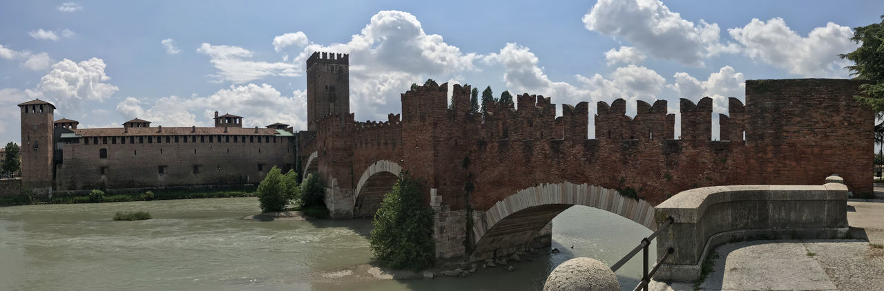 PANORAMIC SHOT OF BRIDGE OVER RIVER AGAINST BUILDINGS