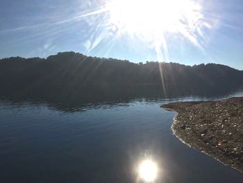 Sun shining over lake in forest