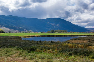 Scenic view of lake and mountains against sky