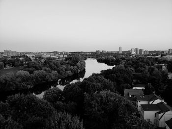 High angle view of buildings against clear sky