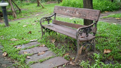 High angle view of bench in park