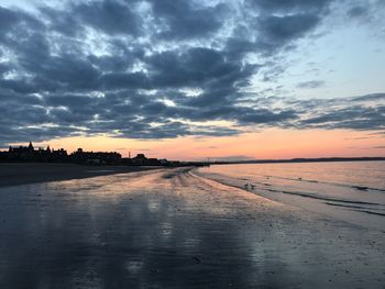Scenic view of beach against sky during sunset
