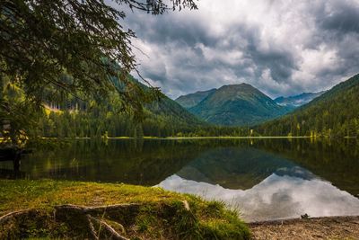 Scenic view of lake and mountains against sky