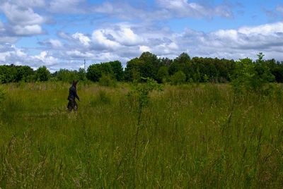 Man walking on field against sky