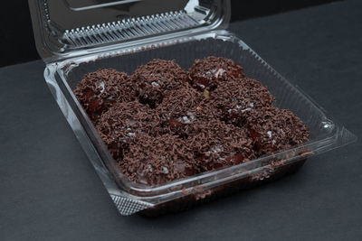 High angle view of chocolate cake on table