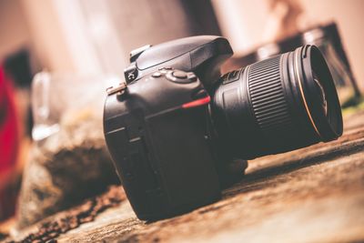 Close-up of camera on table