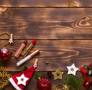 High angle view of christmas decorations on table