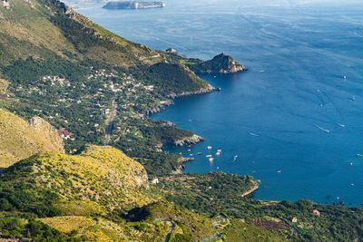 High angle view of sea and mountain