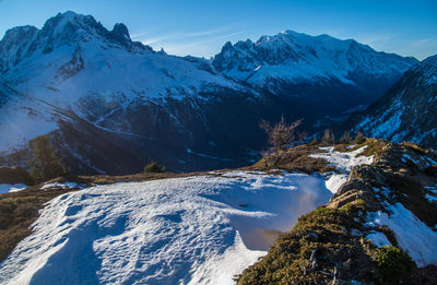 Scenic view of snow covered mountains