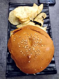 Close-up of burger on table