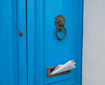 Blue vintage door with knocker in shape of lion, mailbox slot in door with advertising newspapers.