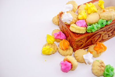 Close-up of cake against white background