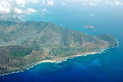 Aerial view of landscape and sea