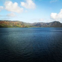 Scenic view of lake against cloudy sky