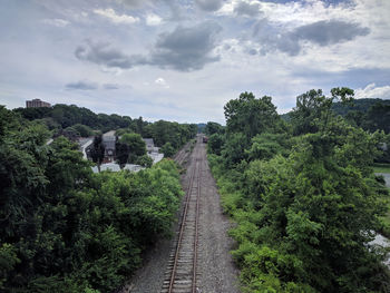 Railroad tracks amidst trees against sky