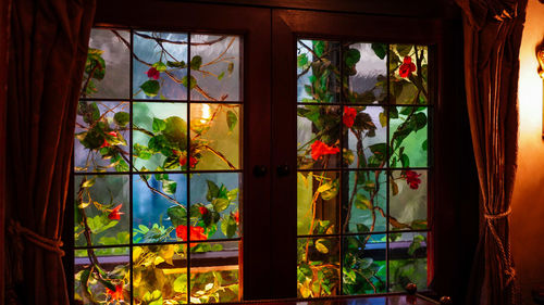 Plants seen through glass window of house