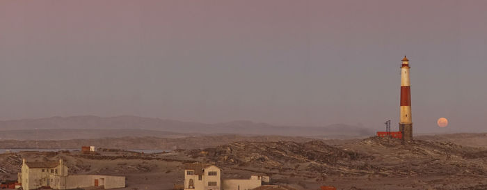 Lighthouse amidst buildings against sky