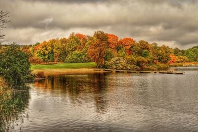 Scenic view of lake against cloudy sky
