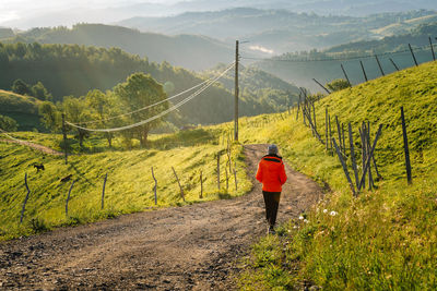 Man walking on country road against hills in a summer morning