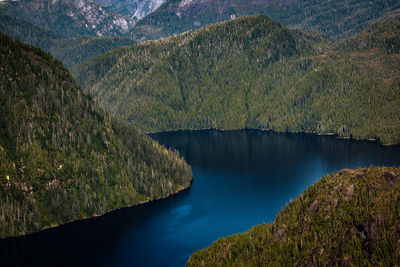 High angle view of lake amidst trees against mountains