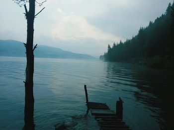 Scenic view of lake against cloudy sky