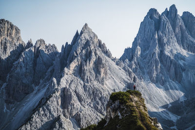 Panoramic view of snowcapped mountains against clear sky