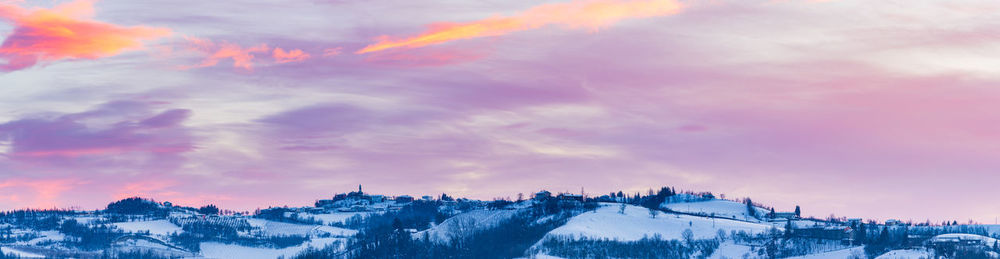 Panoramic view of buildings against cloudy sky during sunset