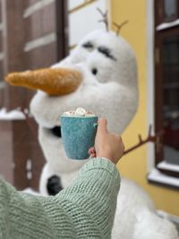 Close-up of hand holding stuffed toy coffee winter olaf 