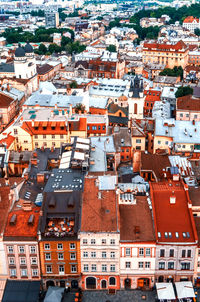 High angle view of buildings in city