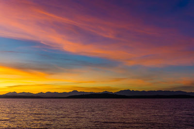 Scenic view of sea against dramatic sky during sunset