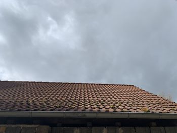 Low angle view of building roof against cloudy sky