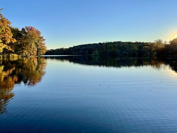 Scenic view of lake against clear blue sky