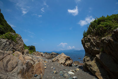 Scenic view of rocks and sea against sky