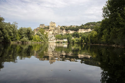 Scenic view of lake by buildings against sky